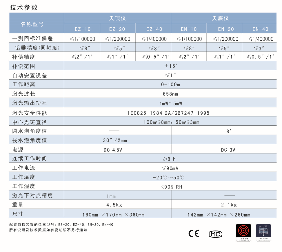 EZ-10、EZ-20、EZ-40激光自動安平天頂儀/上垂準(zhǔn)儀技術(shù)參數(shù)